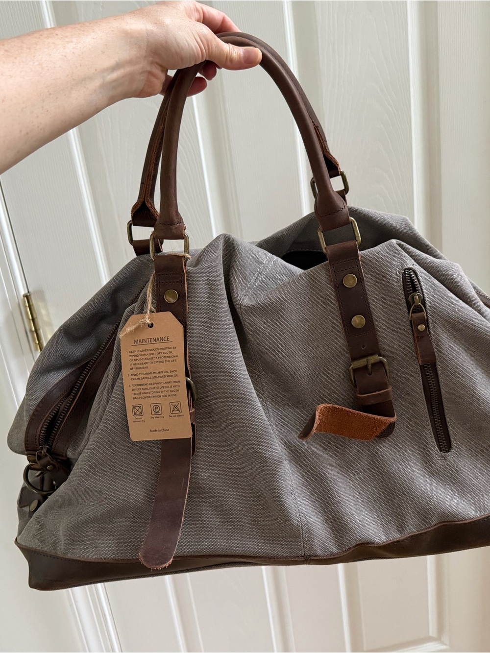 Gray Canvas Duffel Bag with Brown Leather Trim - Classic Travel Weekender